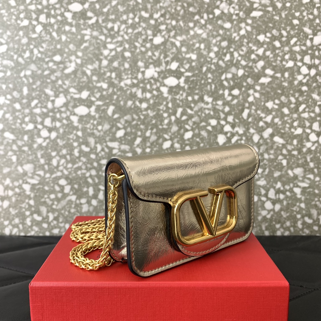 Valentino Garavani Loco Micro Bag in Gold Calfskin Leather with Chain